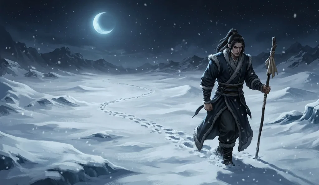 Wang Lin traveling through a harsh winter landscape.