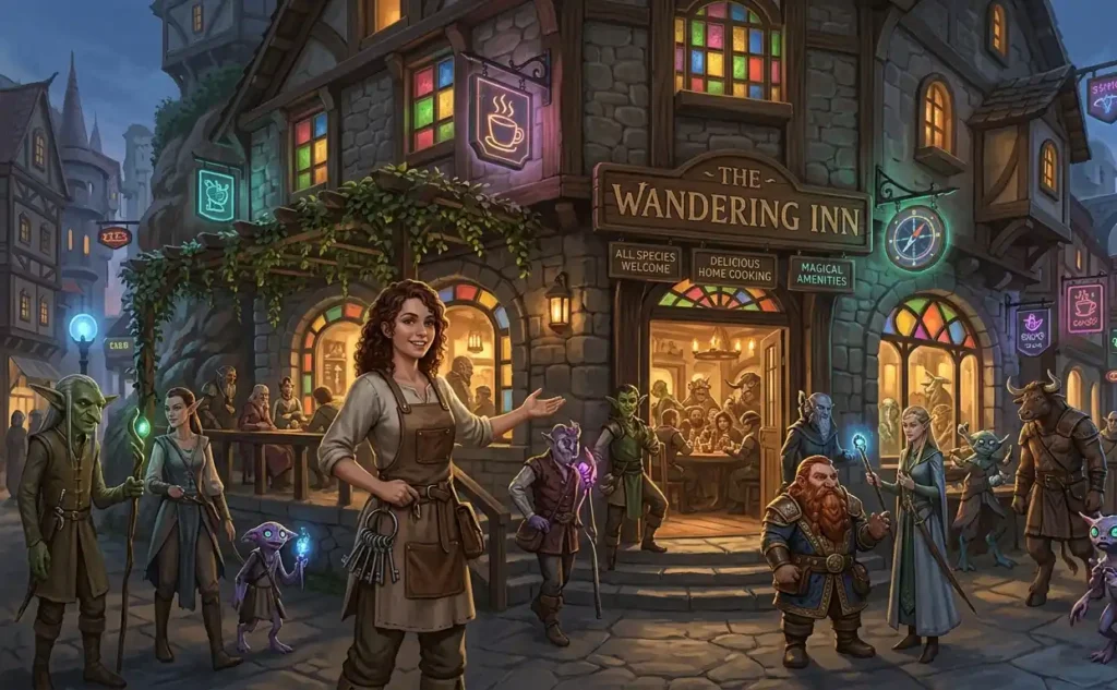 Erin managing a magical inn in a fantasy world.