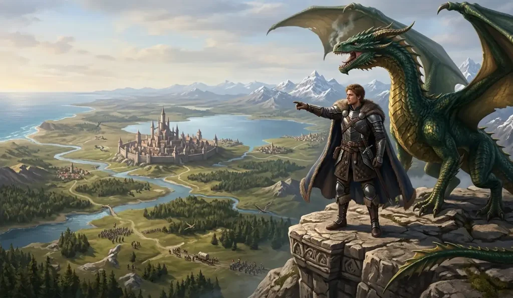 Linley standing beside a powerful dragon companion.