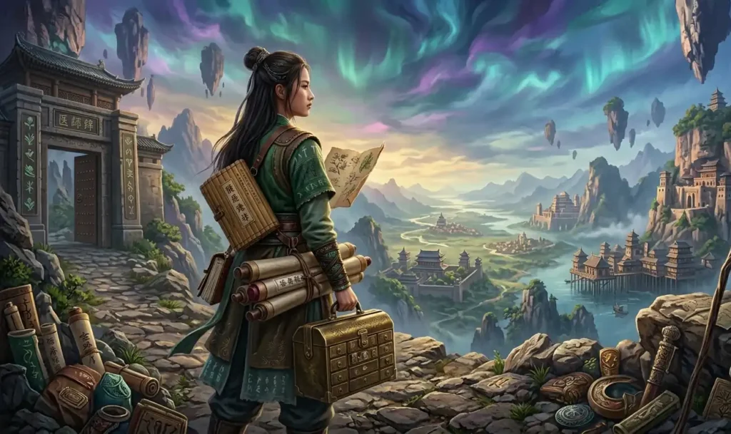 Female physician journeying through ancient realms.