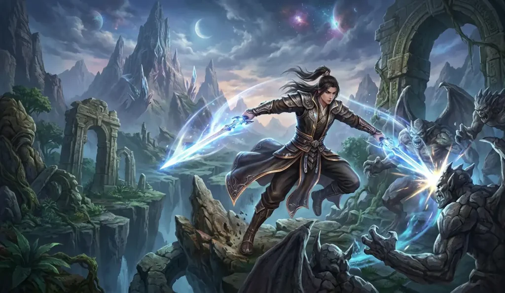 Ji Ning practicing sword arts in a primordial world.