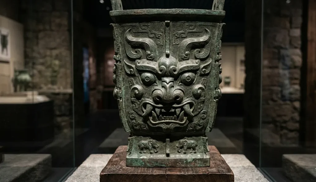 Taotie face carved on a ceremonial bronze vessel.