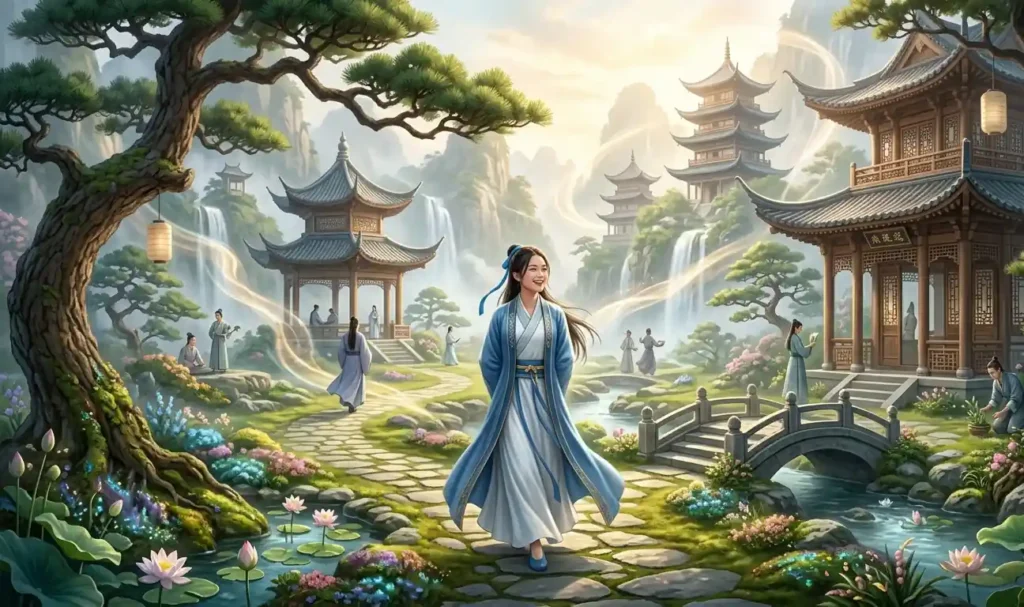 Female cultivator exploring a tranquil cultivation world.