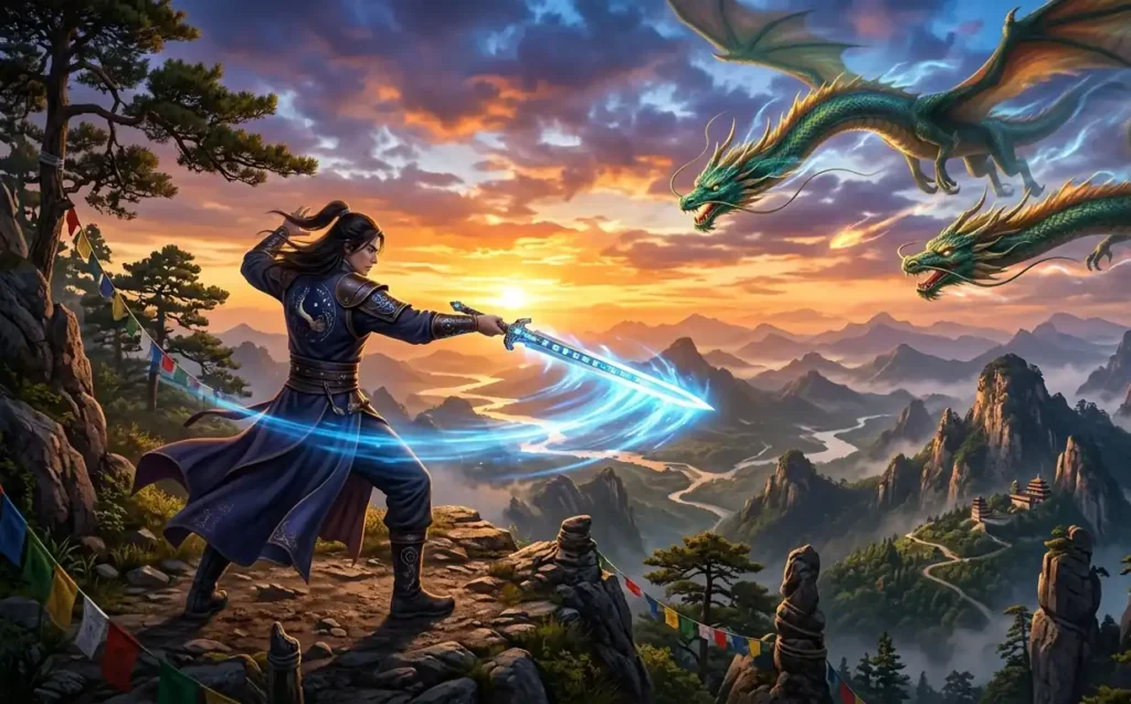 Sword cultivator standing beneath flying dragons.