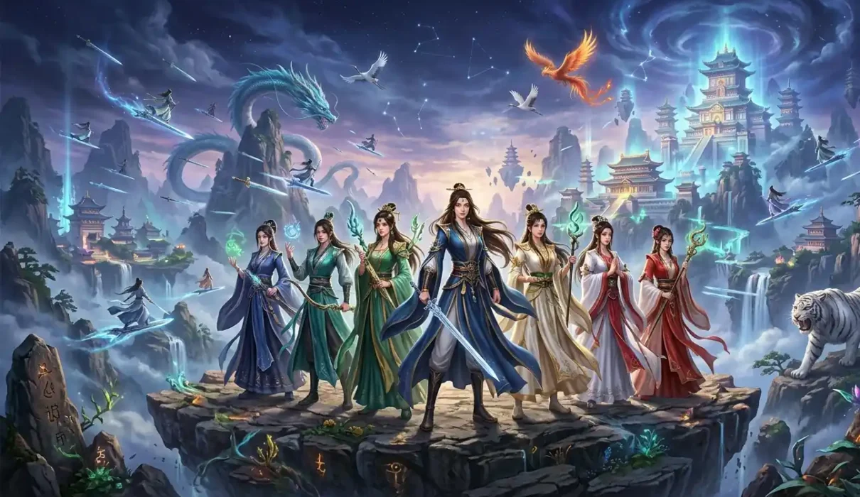 Female Mc Cultivation Novels - Seven female cultivators standing before immortal realms.