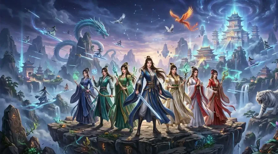 Female Mc Cultivation Novels - Seven female cultivators standing before immortal realms.