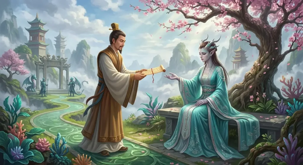 Liu Yi helping a dragon princess through an act of kindness.
