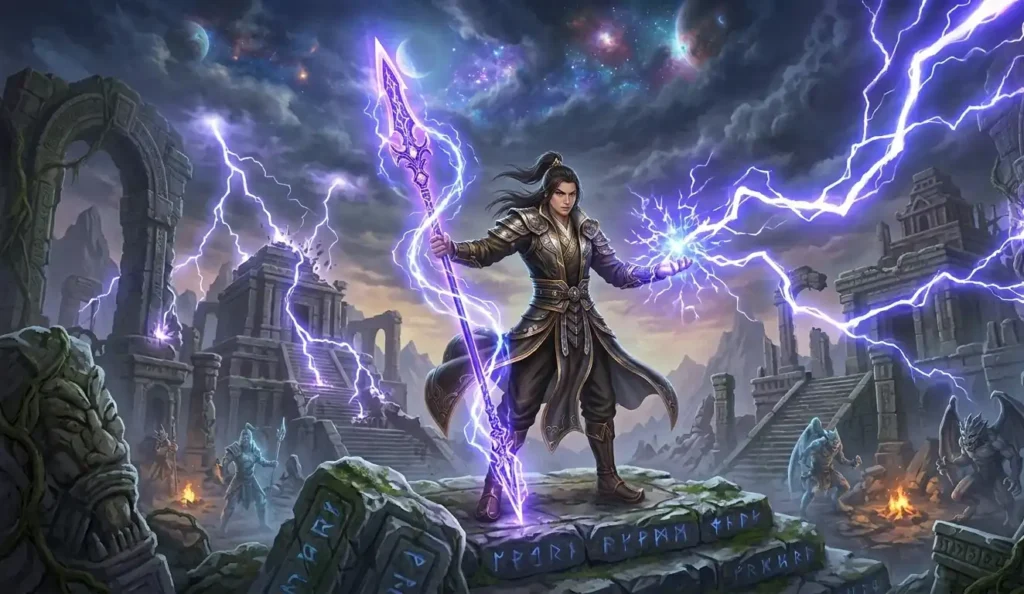 Lin Ming wielding a spear surrounded by lightning.