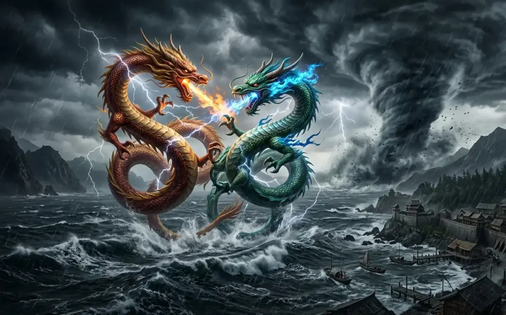 Dragons fighting within a massive coastal storm.