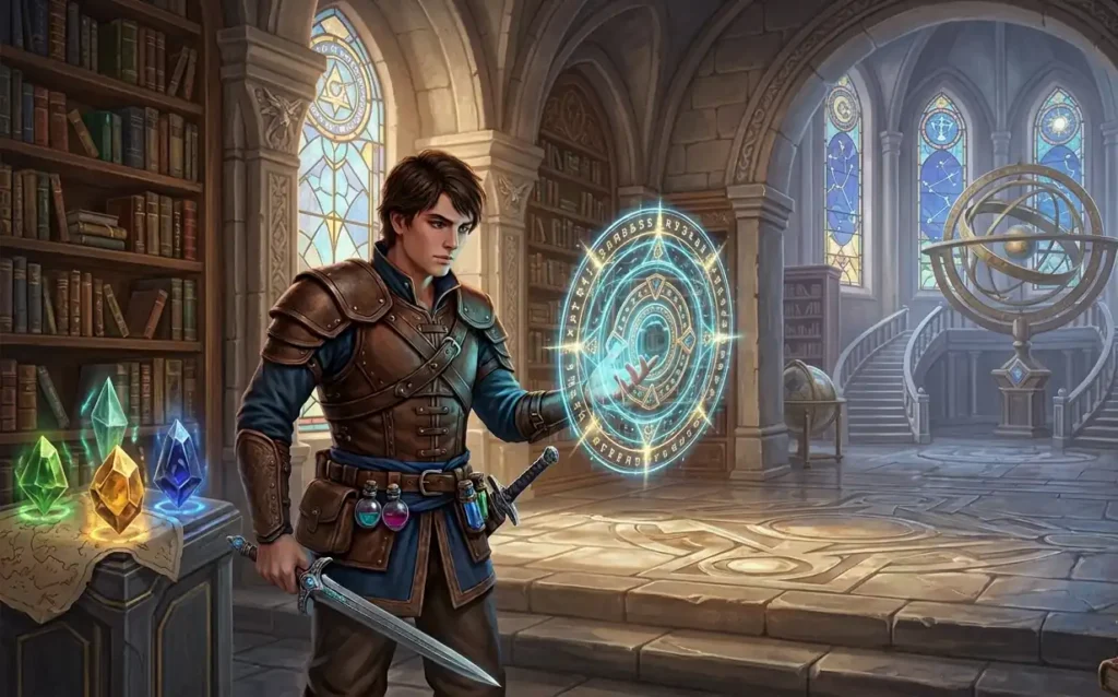 Mage studying powerful magic during a time loop.