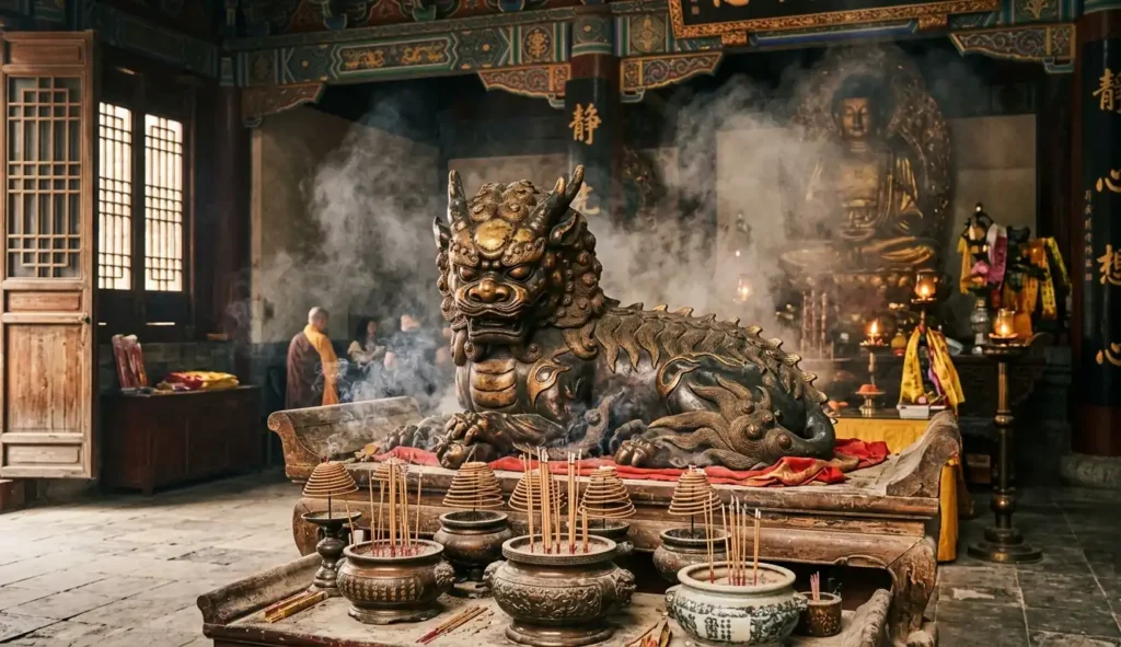 Suanni sitting peacefully amid curling incense smoke.