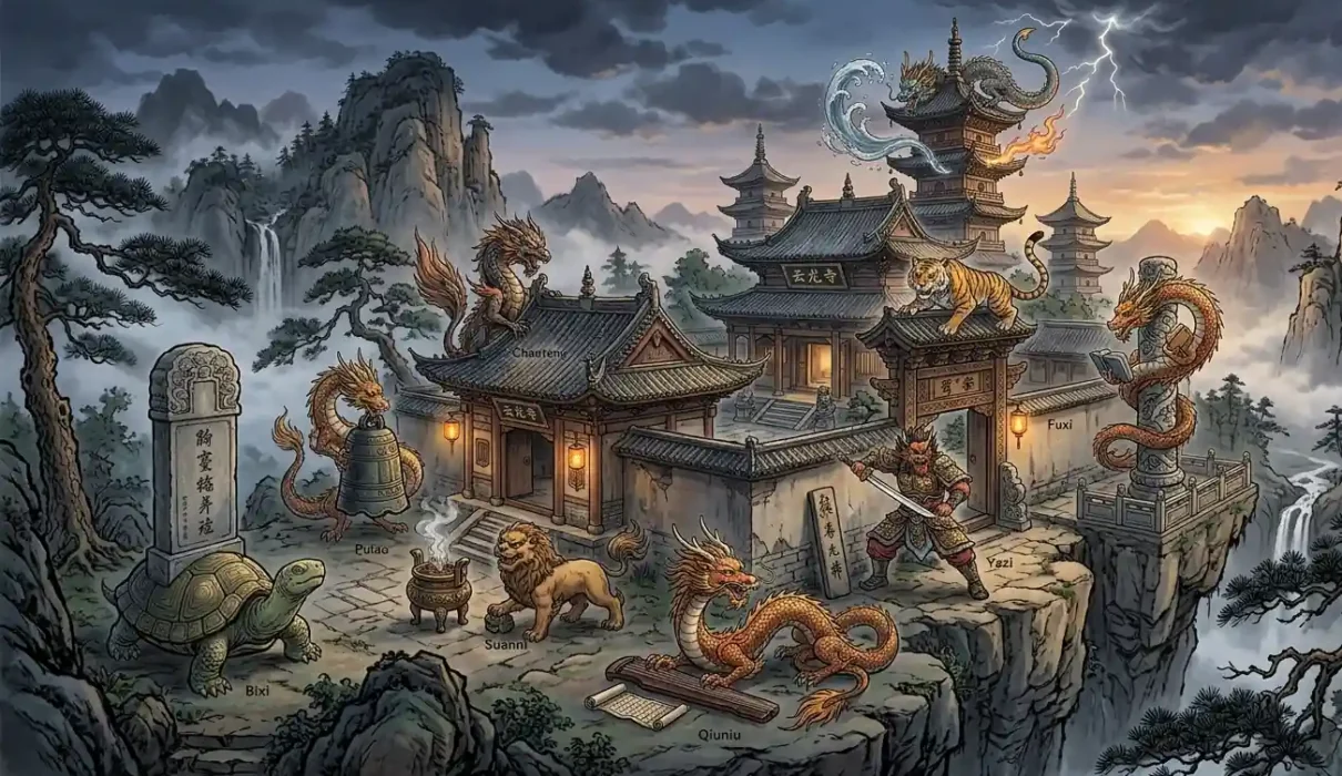 The 9 Sons of the Chinese Dragon displayed together.