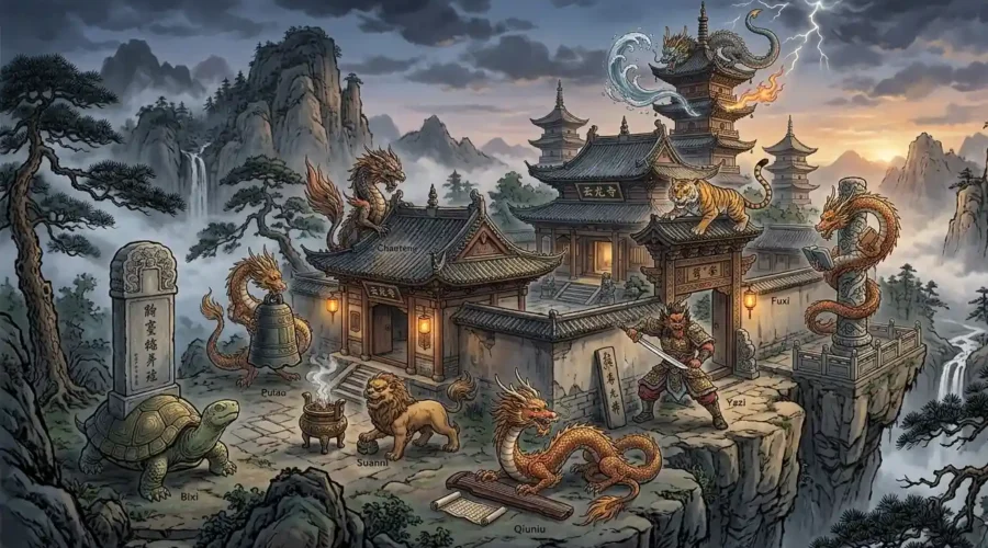 The 9 Sons of the Chinese Dragon displayed together.