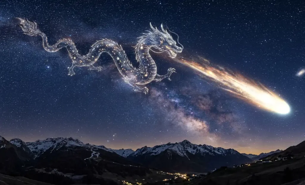 Dragon shaped apparition appearing near a comet.