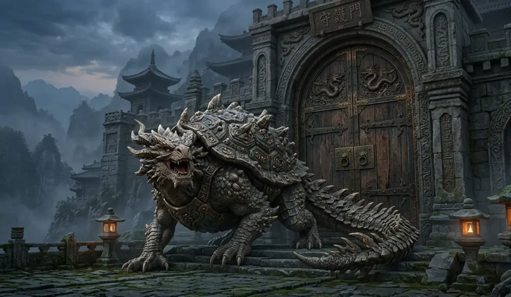 Jiaotu guarding the entrance to a grand gate.