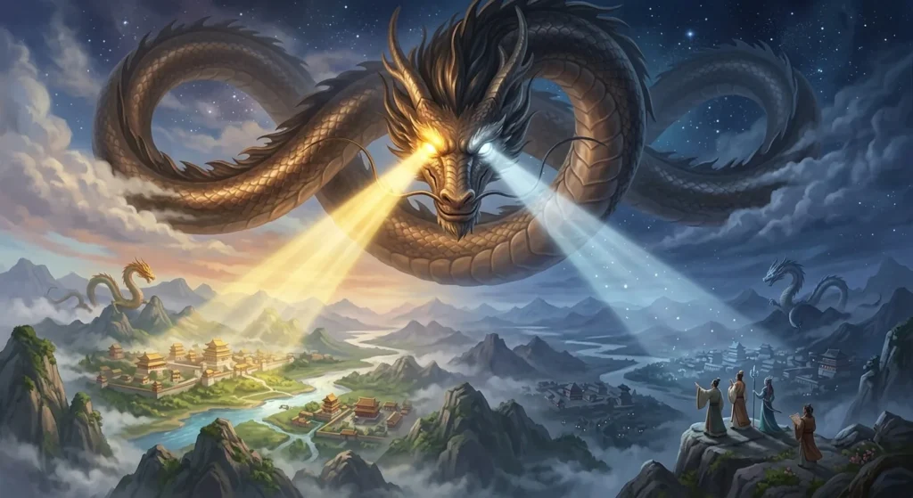 Zhulong governing cosmic cycles through its divine body.