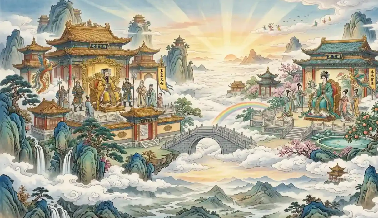 Jade Emperor & Queen Mother of the West in separate heavenly courts.
