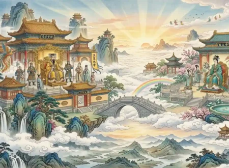 Jade Emperor & Queen Mother of the West in separate heavenly courts.