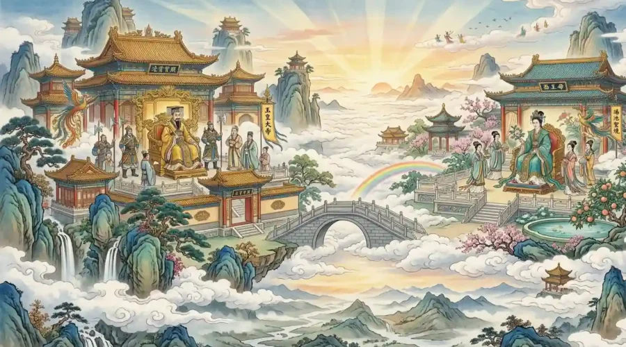 Jade Emperor & Queen Mother of the West in separate heavenly courts.