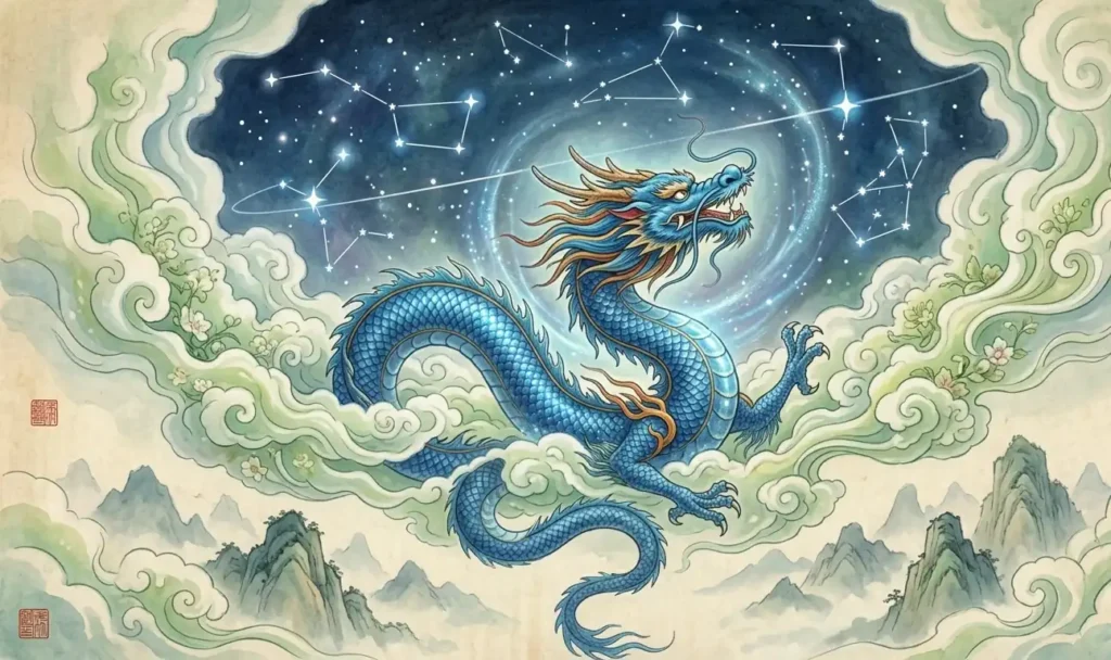 Azure Dragon appearing among stars and spring clouds.