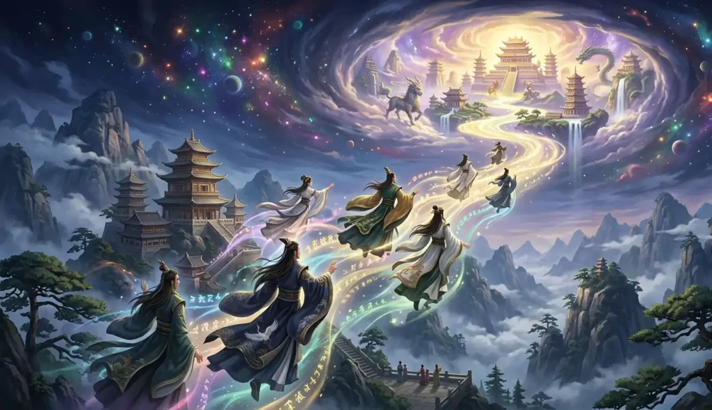 Cultivators ascending toward the immortal realms together.