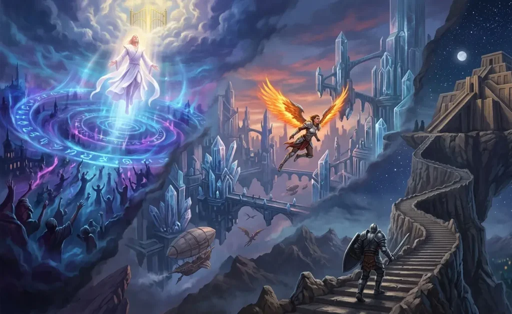 Fantasy protagonists advancing along their unique paths.