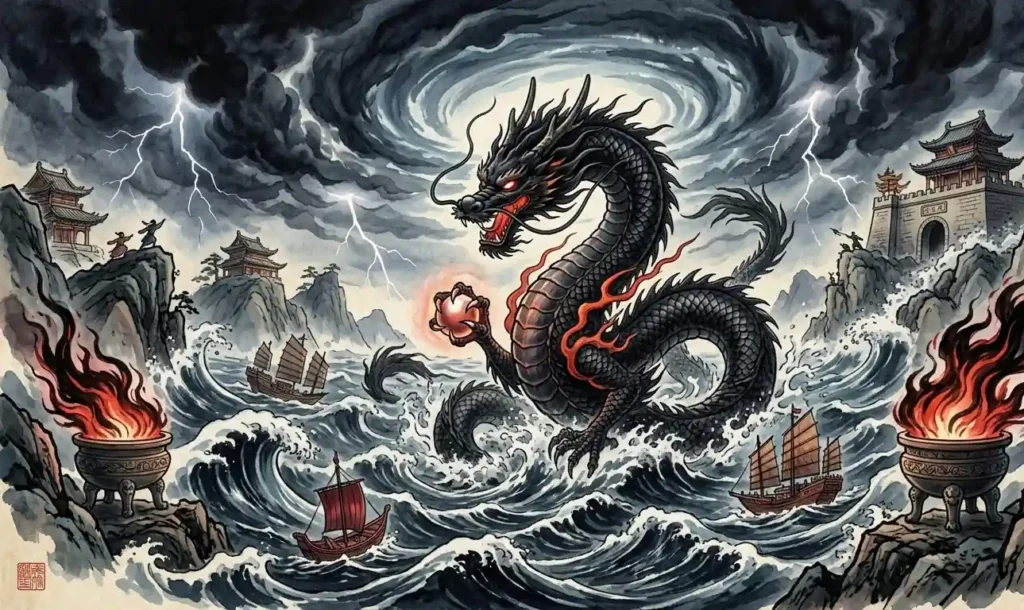 Black dragon emerging from dark stormy seas.