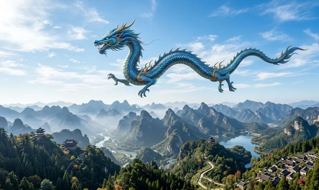 Blue dragon flying peacefully above mountain peaks.