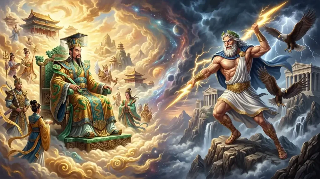 Jade Emperor and Zeus displaying contrasting personalities.