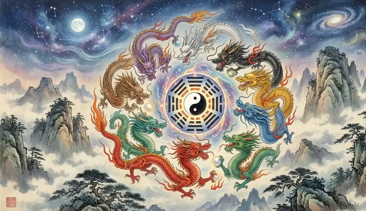 Chinese Dragon Colors - Nine differently colored Chinese dragons surrounding a cosmic symbol.
