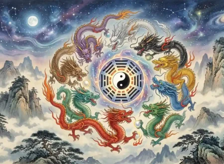 Chinese Dragon Colors - Nine differently colored Chinese dragons surrounding a cosmic symbol.