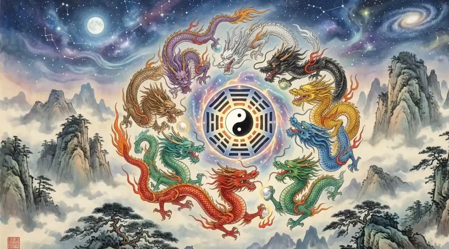Chinese Dragon Colors - Nine differently colored Chinese dragons surrounding a cosmic symbol.