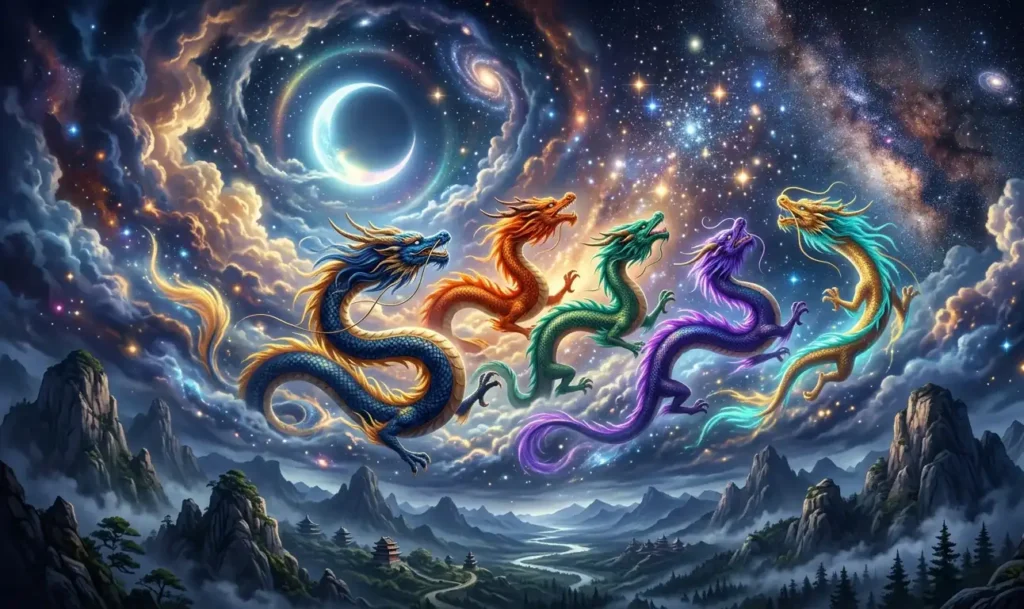 Colored dragons ascending into the heavens together.