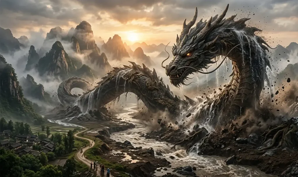 Earth dragon emerging from soil shaping mountains and rivers.
