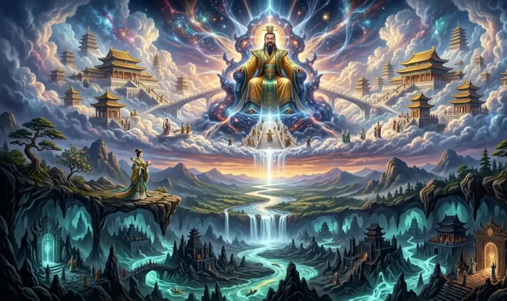 Jade Emperor governing the Three Realms from Heaven.
