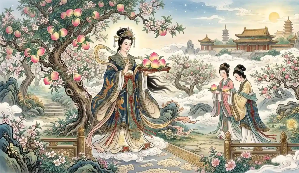 Xiwangmu standing among the Peaches of Immortality.