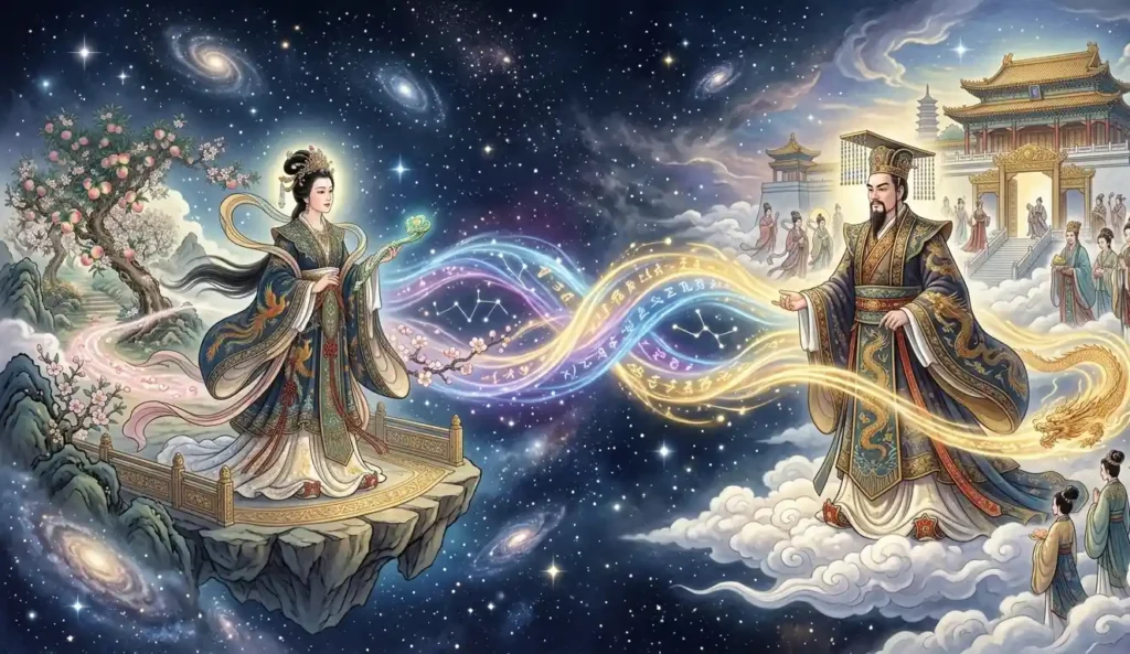 Xiwangmu and Jade Emperor linked within cosmic balance.