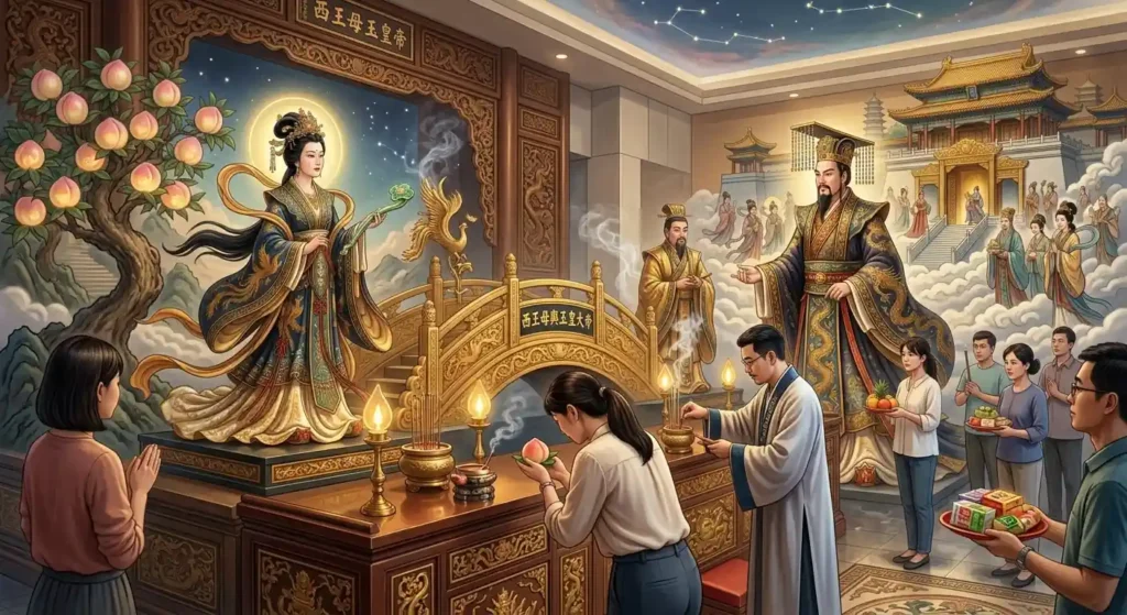Worshippers venerating Xiwangmu and the Jade Emperor.