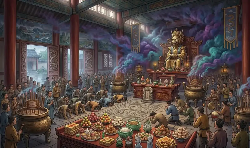 Worshippers honoring a Dragon King in a temple.