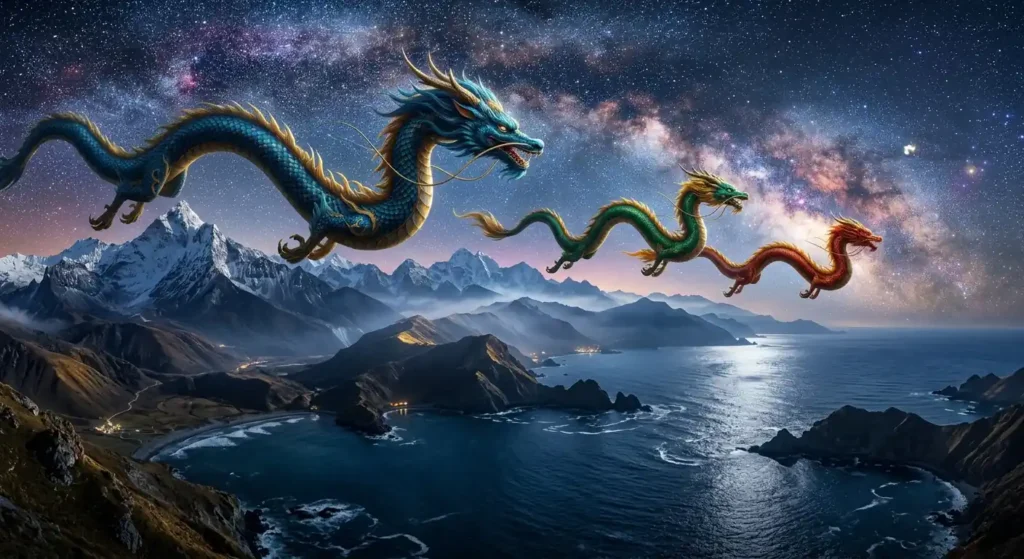 Eastern dragons flying through mythological landscapes.