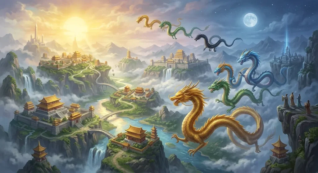 Eastern dragons flying across worlds shaped by mythology.