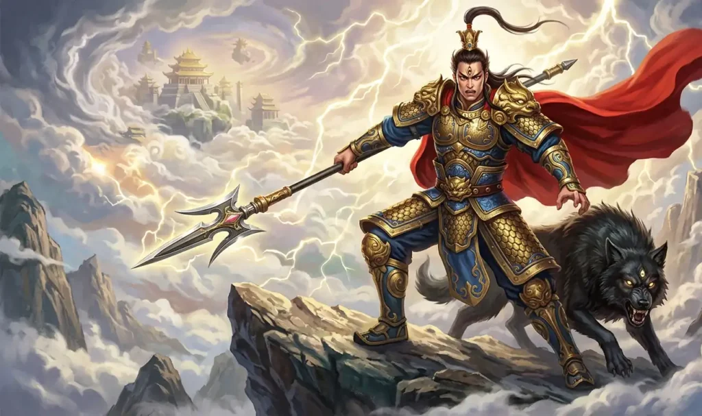 Erlang Shen standing with his spear and divine hound.