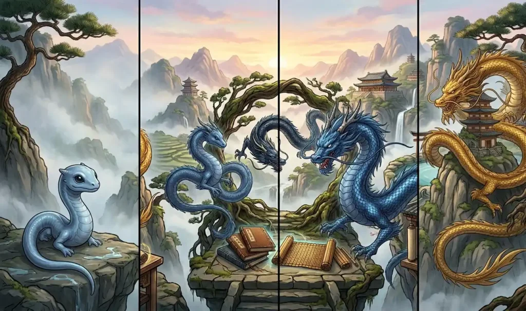Dragon maturing through distinct stages of development.