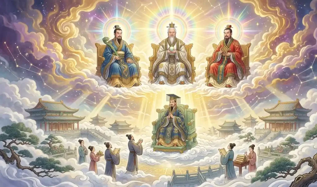 Jade Emperor standing below the Three Pure Ones in Heaven.