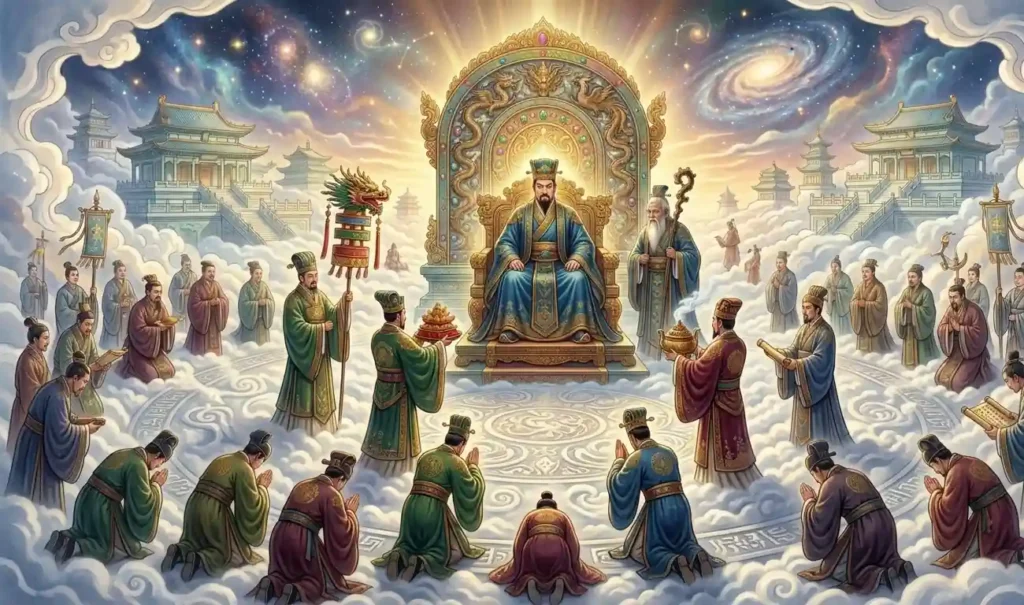 Government officials participating in a ceremony for the Jade Emperor.