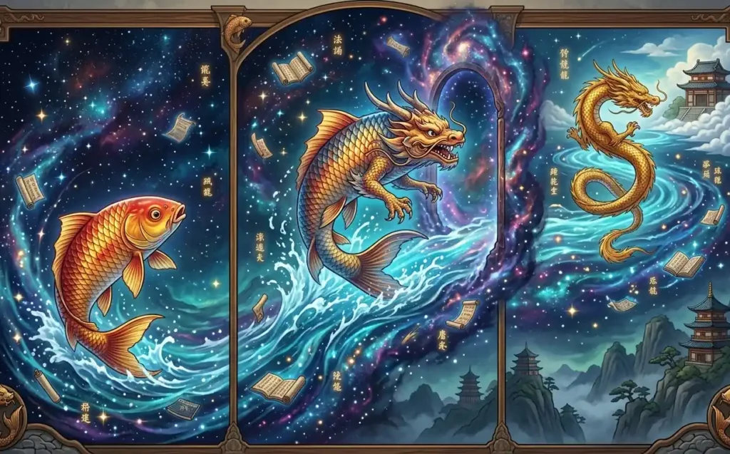 Fish transforming into a dragon in mythological waters.