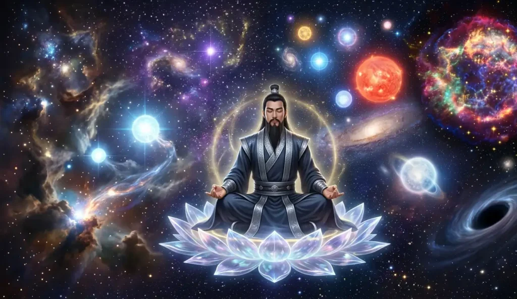 Spiritual cultivator enduring countless cosmic ages in meditation.