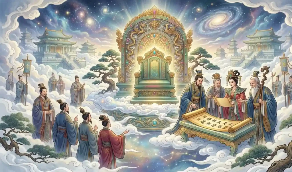 Heavenly officials gathered around a celestial throne.