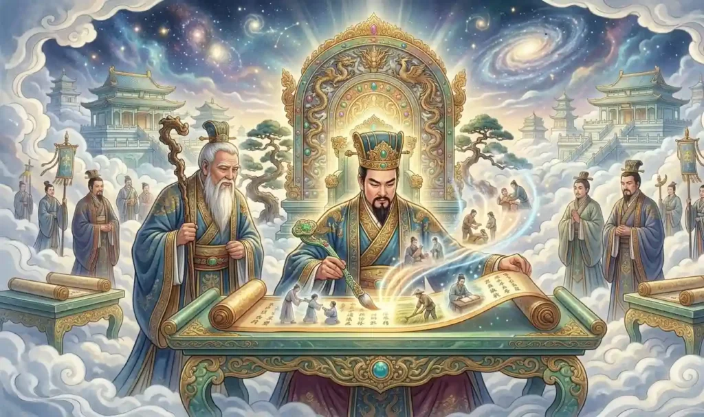 Jade Emperor reviewing records of human deeds in Heaven.