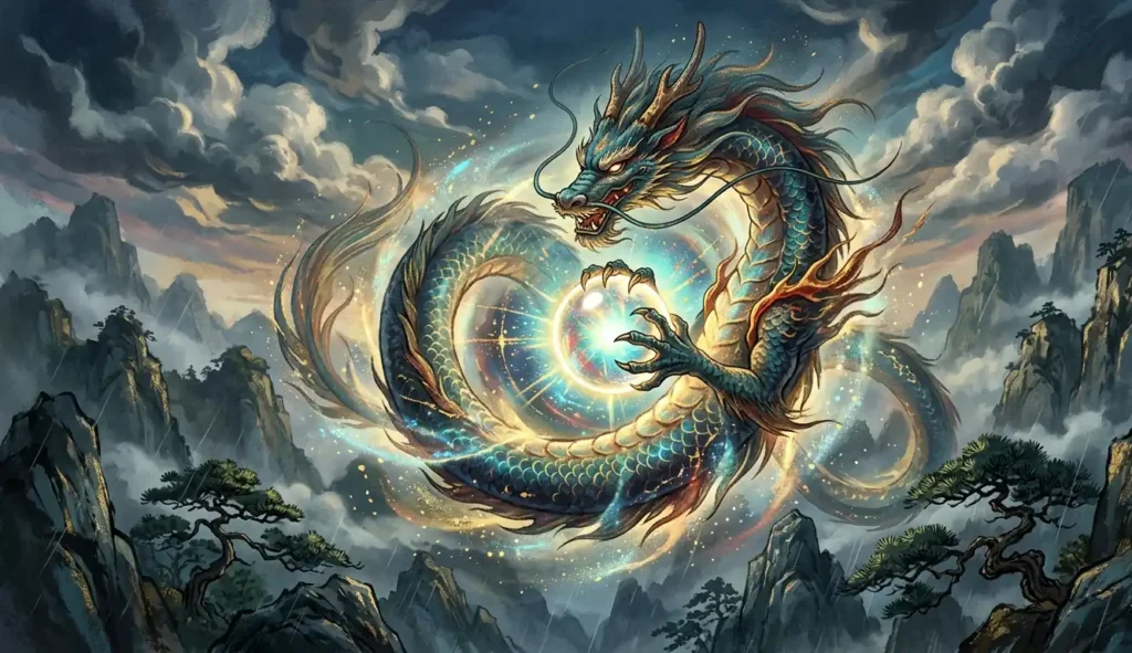 Dragon displaying a luminous pearl before the clouds.